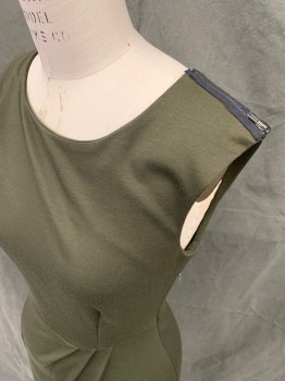 EZRA, Dk Green, Polyester, Rayon, Solid, Scoop Neck, Pleated at Right Shoulder, Pleated Skirt at Waist Seam, Hidden Side Zip, Zipper Detail on Shoulder