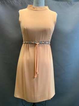 FLORENCE SHOP, Peach Orange, Acetate, Rhinestones, Solid, Novelty Stand Collar, Sleeveless, Zip Back, Rhinestone Belt Applique Front with Hook & Eye Center Back, Faux Wrap Skirt,  Nice Weight, Lined, Light Stain on Left Back Panel, Begining to Get Burn on Shoulder and Sides.