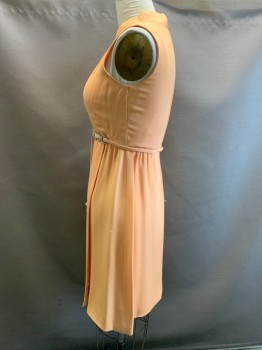 FLORENCE SHOP, Peach Orange, Acetate, Rhinestones, Solid, Novelty Stand Collar, Sleeveless, Zip Back, Rhinestone Belt Applique Front with Hook & Eye Center Back, Faux Wrap Skirt,  Nice Weight, Lined, Light Stain on Left Back Panel, Begining to Get Burn on Shoulder and Sides.
