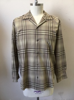 ANTO, Khaki Brown, Taupe, Brown, Wool, Plaid, Multiples, Long Sleeves, Button Front, Collar Attached, 1 Pocket,