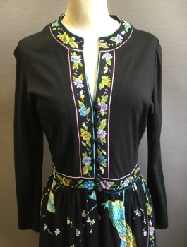 MAURICE, Black, Multi-color, Pink, Mint Green, Turquoise Blue, Polyester, Floral, Novelty Pattern, Poly Crepe, Long Sleeves, Black and Floral Accent at Notched V-neck, Center Front Placket, and Entire Skirt, Which Has Flowers, Peacock, Etc in Neon Colors, 6 Button Front, Knee Length,