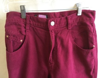 CACTUS JEANS, Red Burgundy, Cotton, Solid, 5 Pockets, Zip Front,