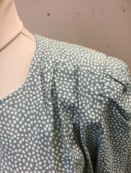 MISS DORBY, Sea Foam Green, White, Rayon, Dots, Short Sleeves, Round Neck,  Padded Shoulders with Pleats at Shoulder Seam, Puffy Gathered Sleeves, 3.5" Wide Yoke at Waist, Smocked Elastic in Back, Mid Calf Length,