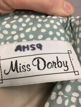 MISS DORBY, Sea Foam Green, White, Rayon, Dots, Short Sleeves, Round Neck,  Padded Shoulders with Pleats at Shoulder Seam, Puffy Gathered Sleeves, 3.5" Wide Yoke at Waist, Smocked Elastic in Back, Mid Calf Length,