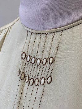 Womens, Blouse, YOLANDE, Cream, Brown, Silk, Solid, Stripes, W:34, B:40, Crepe, S/S, Brown Dashed Lines Top Stitching,  7 Vertical Stripes with Pin Tucks at Center Front, with Small Ovals Embroidery, Round Neck, Gathered Shoulders, Buttons in Back,