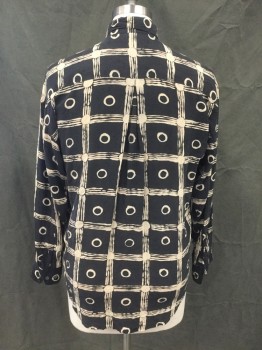 MEN'S COLLECTION, Black, Cream, Silk, Grid , With Circles and Dots, Button Front, Collar Attached, Long Sleeves, Button Cuff, 1 Pocket