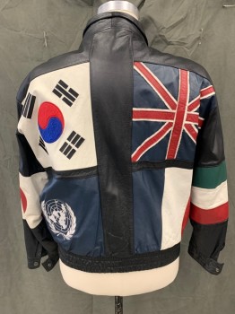 Mens, Leather Jacket, SUZIE'S FASHIONS, Black, Red, Blue, White, Orange, Leather, Patchwork, XL, Country Flags Patchwork, Zip Front, Collar Attached, Elastic Waistband, Snap Cuff, 2 Pockets