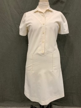 Womens, Nurses Dress, CREST, White, Poly/Cotton, Solid, B 40, 1/2 Button Front, Collar Attached, Short Sleeves, 2 Hip Pockets, V Shape Shoulder Detail