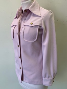 Womens, Jacket, N/L, Lavender Purple, Polyester, Solid, B:38, Double Knit Polyester, Long Sleeves, Gold Embossed Buttons at Front, Western Style Pointed Yoke, Dagger Collar, 2 Patch Pockets Under Yoke, Belt Loops But No Belt, **Missing 1 Button