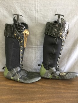 Mens, Sci-Fi/Fantasy Boots , MTO, Black, Olive Green, Brass Metallic, Neoprene, Leather, Color Blocking, 10, Knee High Dive Boots Embellished with Reptile Embossed Leather, Brass Studs and Rubber Bird God- Figurehead, Side Zip, Leather and Elastic Band Top Covers Vinyl Binding That is Wearing Off, Egyptian Influence, Multiple