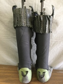 Mens, Sci-Fi/Fantasy Boots , MTO, Black, Olive Green, Brass Metallic, Neoprene, Leather, Color Blocking, 10, Knee High Dive Boots Embellished with Reptile Embossed Leather, Brass Studs and Rubber Bird God- Figurehead, Side Zip, Leather and Elastic Band Top Covers Vinyl Binding That is Wearing Off, Egyptian Influence, Multiple