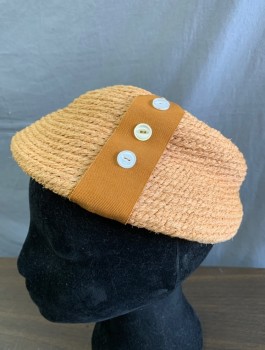 Womens, Hat, SPUNWOVEN BY EVERITT, Beige, Mustard Yellow, Straw, Silk, Straw with Mustard Grosgain Tabs with White Buttons, Cloche-like Shape,