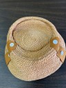 Womens, Hat, SPUNWOVEN BY EVERITT, Beige, Mustard Yellow, Straw, Silk, Straw with Mustard Grosgain Tabs with White Buttons, Cloche-like Shape,