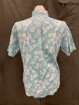 Mens, Hawaiian Shirt, REYN SPOONER, Aqua Blue, White, Cotton, Ramie, Leaves/Vines , L, Button Front, Collar Attached, Button Down Collar, Short Sleeves, 1 Pocket