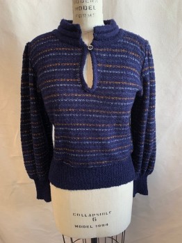 Womens, Sweater, SUTTON SWEATERS, Navy Blue, Acrylic, Stripes - Horizontal , B:36, Key Hole W/1 Button Closure, Padded Band Collar & Shoulders, Long Sleeves, Dark Blue, Clay Orange, and Gray Stripes
