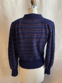 SUTTON SWEATERS, Navy Blue, Acrylic, Stripes - Horizontal , Key Hole W/1 Button Closure, Padded Band Collar & Shoulders, Long Sleeves, Dark Blue, Clay Orange, and Gray Stripes