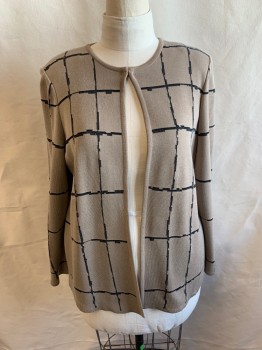 MISOOK, Beige, Black, Acrylic, Polyester, Plaid-  Windowpane, Abstract , Open Front, Hook Closure at Neck, Round Neck, Squares and Rectangles on Windowpane Plaid *Piling Especially at Shoulders* MULTIPLES