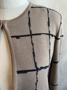 MISOOK, Beige, Black, Acrylic, Polyester, Plaid-  Windowpane, Abstract , Open Front, Hook Closure at Neck, Round Neck, Squares and Rectangles on Windowpane Plaid *Piling Especially at Shoulders* MULTIPLES