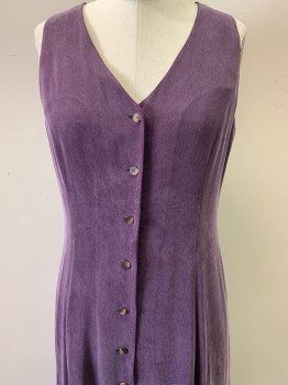 Jones New York, Purple, Silk, Solid, Sleeveless, V Neck, Button Front, Vertical Seams