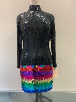 Womens, Evening Gown, NITELINE, Black, Red, Purple, Blue, Green, Polyester, Sequins, Color Blocking, W29, B36, H35, L/S, High Neck, Full Black Sequins With Large Assorted Color Bottom, Open Back, Back Zipper,