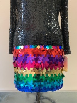 Womens, Evening Gown, NITELINE, Black, Red, Purple, Blue, Green, Polyester, Sequins, Color Blocking, W29, B36, H35, L/S, High Neck, Full Black Sequins With Large Assorted Color Bottom, Open Back, Back Zipper,