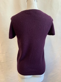 Womens, Pullover, BLOOMINGDALE'S, Aubergine Purple, Cashmere, Solid, XS, Scoop Neck, Short Sleeves, Ribbed Knit Waistband/Cuff