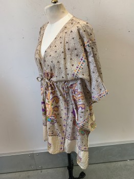 Womens, Top, NL, Beige, Brown, Goldenrod Yellow, Purple, Cotton, Triangles, Leaves/Vines , OS, All Over Embroider, Pullover, V-N,  Bat-Wing Sleeves, Gathered Under Bust, Drawstring