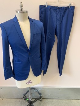 ZARA, Blue, Polyester, Viscose, Textured Fabric, Notched Lapel, Single Breasted, Button Front, 1 Button, 3 Pockets