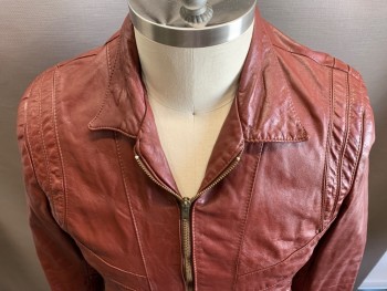 Mens, Leather Jacket, N/L, Red Burgundy, Leather, Solid, 42, Zip Front, C.A., 2 Pockets,