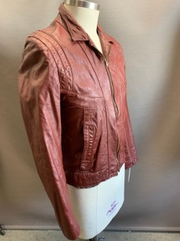Mens, Leather Jacket, N/L, Red Burgundy, Leather, Solid, 42, Zip Front, C.A., 2 Pockets,