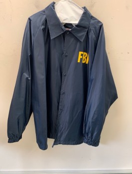 Unisex, Jacket, Windbreaker, FIRST CLASS , Navy Blue, Nylon, Solid, 2X, Collar Attached, Snap Front " FBI" Logo on Front Left Side & Back
