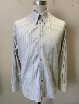 Mens, Dress Shirt, N/L MTO, Off White, Brown, Beige, Cotton, Stripes - Pin, Slv:33, N:15.5, Reproduction, Long Sleeves, Button Front, Collar Attached, No Pocket