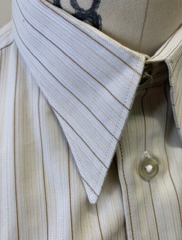 Mens, Dress Shirt, N/L MTO, Off White, Brown, Beige, Cotton, Stripes - Pin, Slv:33, N:15.5, Reproduction, Long Sleeves, Button Front, Collar Attached, No Pocket