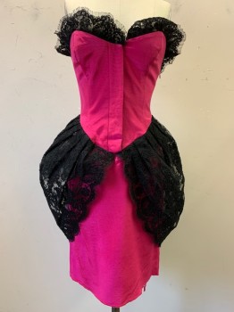 Womens, Cocktail Dress, N/L, Fuchsia Pink, Black, Polyester, W26, B30, Faille, Strapless with Sweetheart Bustline, Black Lace at Bust and As Peplum Around Hips, Knee Length, Hook & Eye Closures in Front