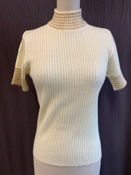 Womens, Sweater, HELEN SUE, Ivory White, Gold, Acrylic, B32, Rib Knit, S/S, Gold Detail At Mock Turtle Neck & S/S,