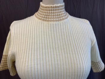 HELEN SUE, Ivory White, Gold, Acrylic, Rib Knit, S/S, Gold Detail At Mock Turtle Neck & S/S,