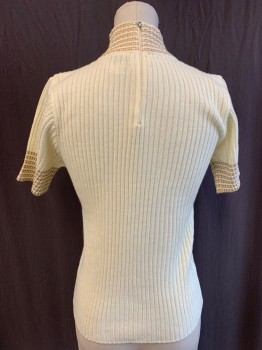 HELEN SUE, Ivory White, Gold, Acrylic, Rib Knit, S/S, Gold Detail At Mock Turtle Neck & S/S,
