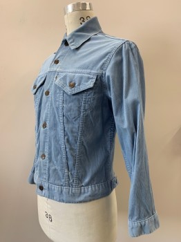 Mens, Jacket, LEVI'S, Lt Blue, Cotton, Solid, 38, L/S, B.F., Collar Attached, Chest Pockets, Corduroy Texture