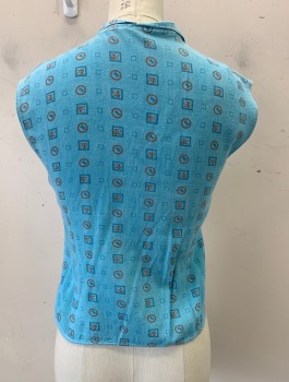 Womens, Blouse, N/L, Sky Blue, Rust Orange, Blue, Cotton, Novelty Pattern, Geometric, B:32, Late 1950's, Circles and Squares Print, Sleeveless, Collar Attached to V-Neck, Double Breasted Buttons