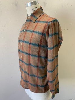 Mens, Casual Shirt, MAYWOOD, Brown, Turquoise Blue, Teal Green, Red, Cotton, Plaid-  Windowpane, S, N:14.5, 1950's, L/S, Button Front, Collar Attached, 2 Patch Pockets