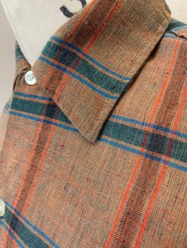 MAYWOOD, Brown, Turquoise Blue, Teal Green, Red, Cotton, Plaid-  Windowpane, 1950's, L/S, Button Front, Collar Attached, 2 Patch Pockets