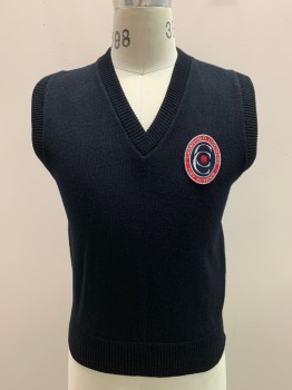 A+, Navy Blue, Acrylic, Solid, School Uniform Sweater Vest, V-neck, Rivved Knit Collar/Armholes/Waistband, Red, White, Navy Oval Patch "CRAWFORD, COUNTRY DAY SCHOOL"