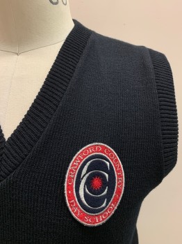 Childrens, Vest, A+, Navy Blue, Acrylic, Solid, Youth, L, School Uniform Sweater Vest, V-neck, Rivved Knit Collar/Armholes/Waistband, Red, White, Navy Oval Patch "CRAWFORD, COUNTRY DAY SCHOOL"