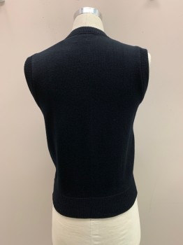 A+, Navy Blue, Acrylic, Solid, School Uniform Sweater Vest, V-neck, Rivved Knit Collar/Armholes/Waistband, Red, White, Navy Oval Patch "CRAWFORD, COUNTRY DAY SCHOOL"