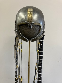 Unisex, Sci-Fi/Fantasy Headpiece, MTO, Pewter Gray, Bronze Metallic, Gold, Plastic, Leather, Geometric, Egyptian Inspired Scull Cap Beaded And Ribbon Tresses