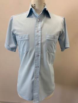 Mens, Casual Shirt, JORDAN CHRISTOPHER, Baby Blue, Polyester, Stripes - Vertical , 14.5 N, S, C 38, Sheer, B.F.,  S/S, C.A., 2 Pockets,