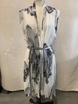 Womens, Vest, FORMED EXPRESSION, White, Black, Cotton, Modal, Floral, Abstract , S/M, Full Length, Raw Edges, Attached Self Belt, Cuffed Shoulders