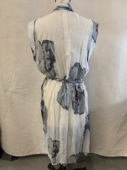 Womens, Vest, FORMED EXPRESSION, White, Black, Cotton, Modal, Floral, Abstract , S/M, Full Length, Raw Edges, Attached Self Belt, Cuffed Shoulders