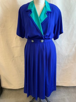 LESLIE FAY, Royal Blue, Turquoise Blue, Polyester, Color Blocking, Short Sleeves, Double Breasted, Pleated Skirt, Elastic Back Waist, Spot Near Left Front Hem