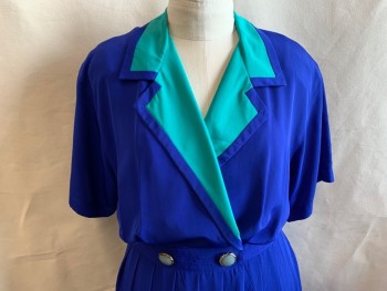 LESLIE FAY, Royal Blue, Turquoise Blue, Polyester, Color Blocking, Short Sleeves, Double Breasted, Pleated Skirt, Elastic Back Waist, Spot Near Left Front Hem